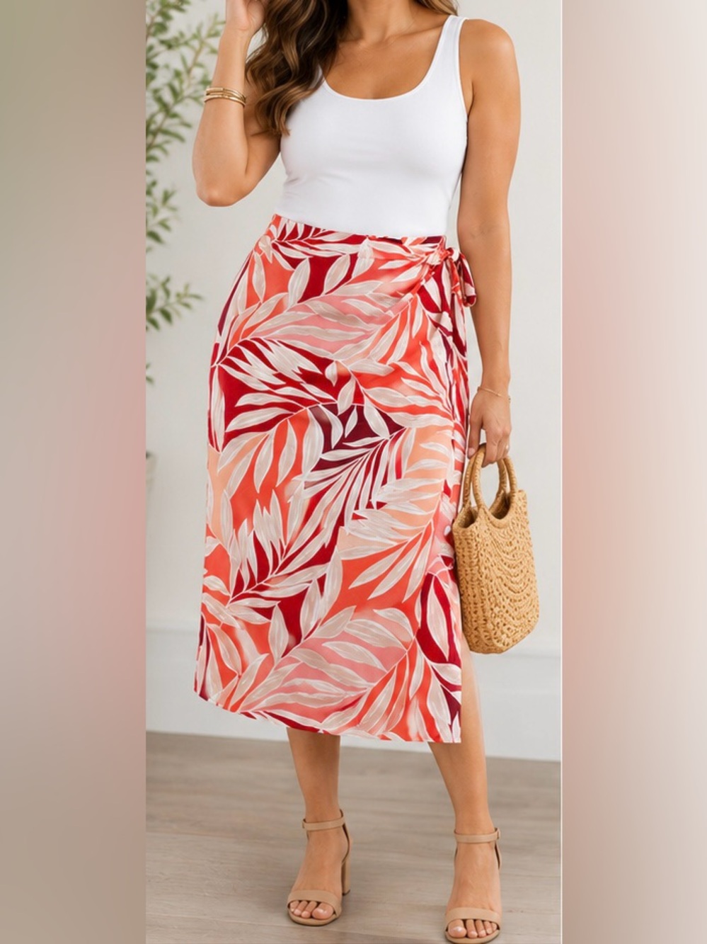 Ann Taylor Tropical Leaf Print Wrap Midi Skirt Women’s Size 14 Coral Pink Lined